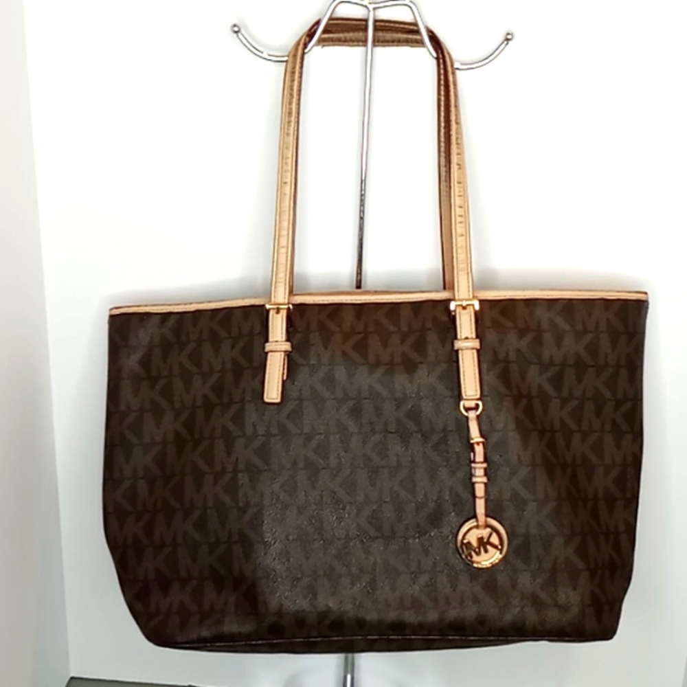 Michael Kors Large Coated Canvas Monogram and Leather Trim Work Tote- Dark Brown
